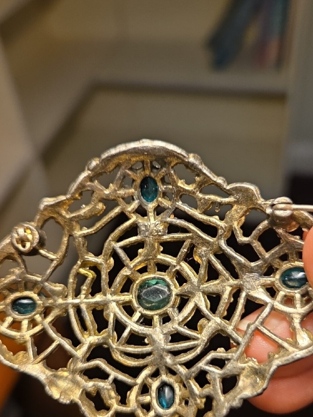 Vintage Czech Brass Filigree Brooch with Teal and Green Stones - Picture 2 of 8